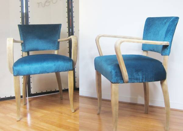 paire de fauteuils bridges velours bleu canard