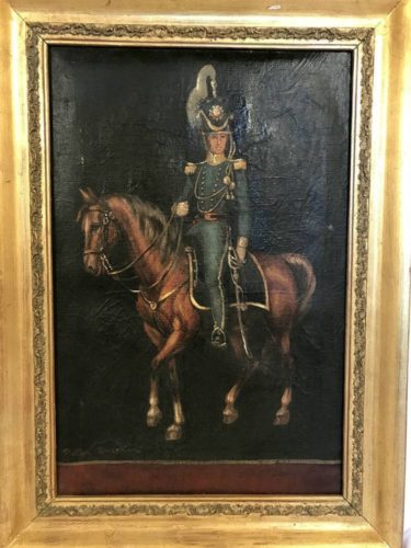 Huile sur toile "Militaire à cheval" Peter Bauker (?)