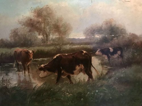 Aymar Alexandre PEZANT (1846-1916)  "Les vaches à la mare" Huile sur toile