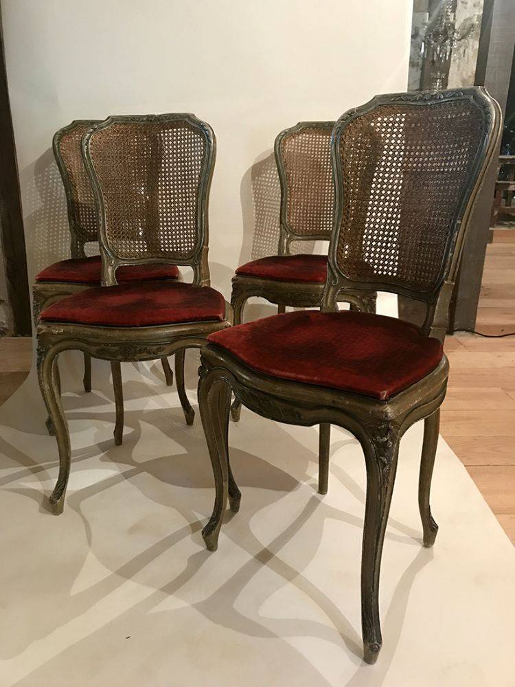 Quatre chaises de style Louis XV bois laqué gris/vert