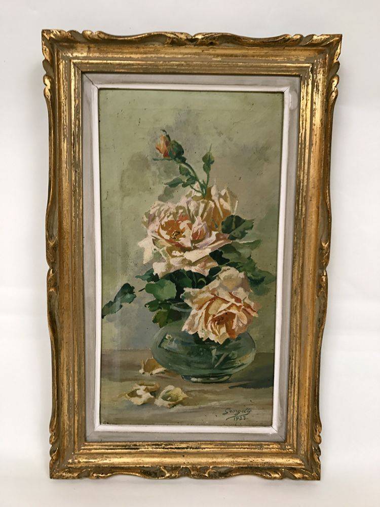 Huile sur toile encadrée, bouquet de roses 1923