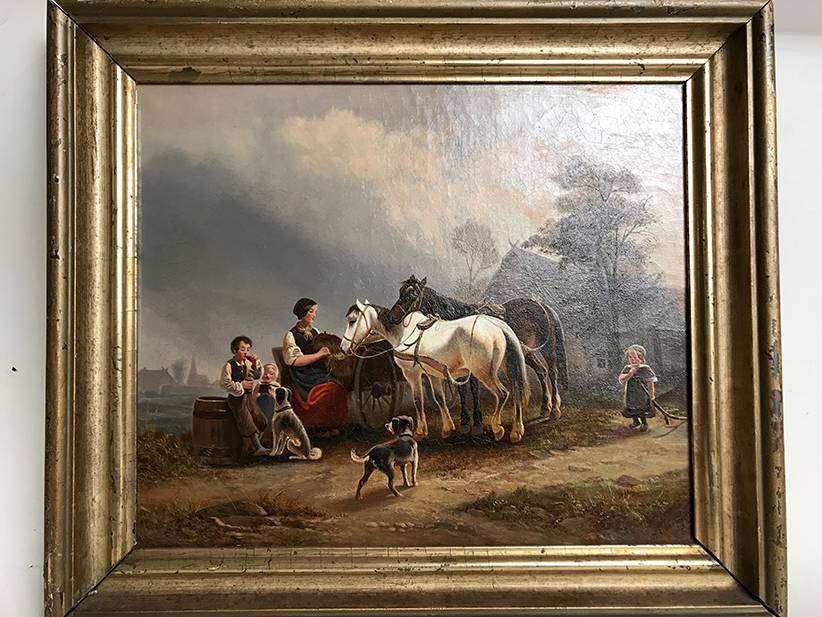 Huile sur toile signée, encadrée "scène animée de cour de ferme"