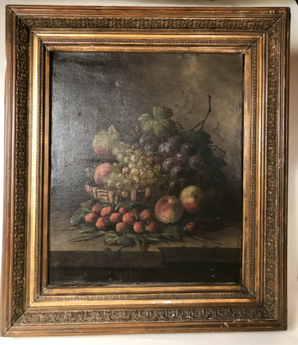 Grande huile sur toile, nature morte aux fruits vers 1880  Signée Sureau